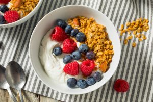 Healthy Organic Greek Yogurt with Granola and Berries